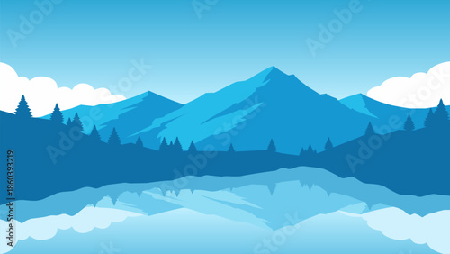 Mountain landscape illustration with lake and pine forest