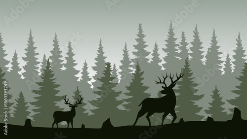 Wildlife landscape illustration with deer in the forest