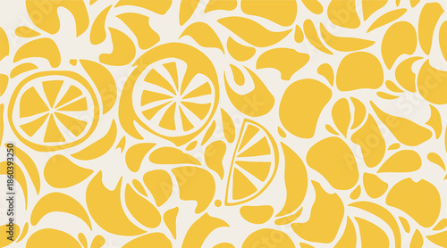 Vibrant yellow citrus fruit slices and whole lemons background pattern