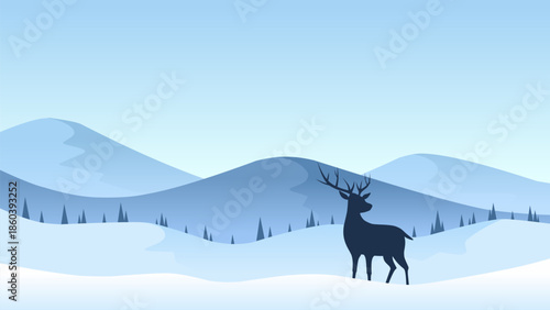 Wildlife landscape illustration with reindeer and winter mountain