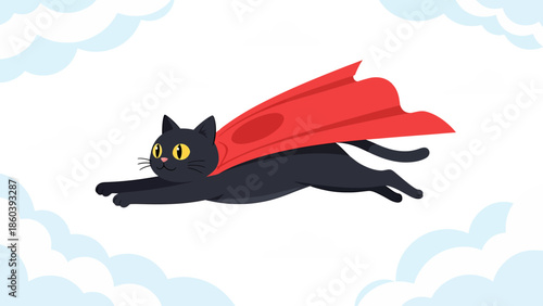 Superhero Black Cat Flying with Red Cape Vector Illustration