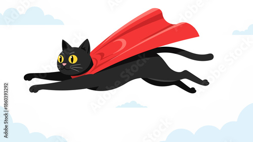Superhero Black Cat Flying in the Clouds with Red Cape Vector Illustration