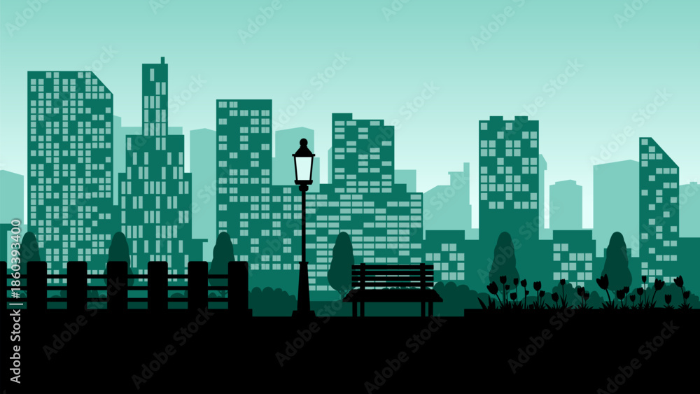 Obraz premium Cityscape illustration with city park and skyline buildings