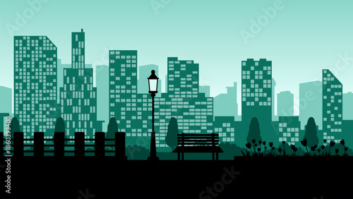 Cityscape illustration with city park and skyline buildings