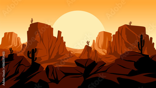 Desert landscape illustration with cacti and buttes rock formations