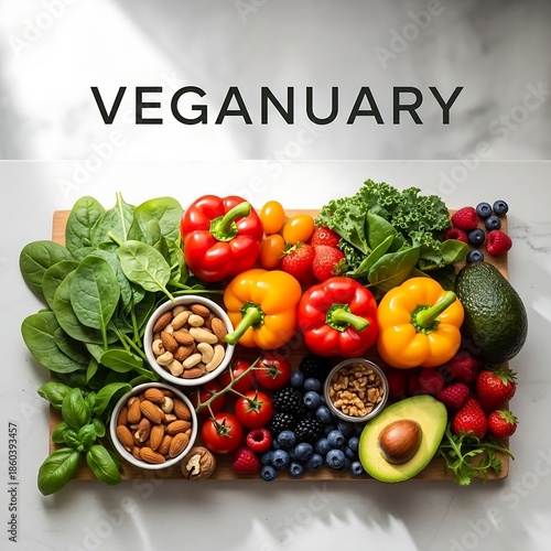 A colorful veganuary spread with fresh fruits vegetables and nuts