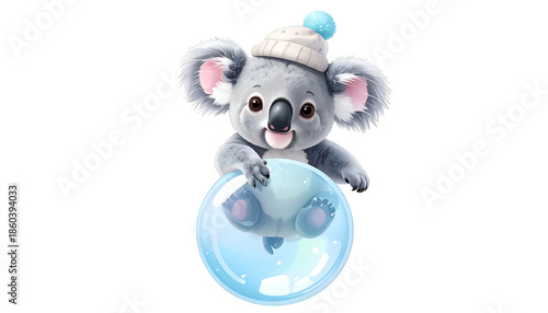Adorable cartoon koala in a winter hat inside a transparent bubble, isolated