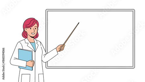 Teacher with Pointer and Folder in Front of Whiteboard Vector Illustration