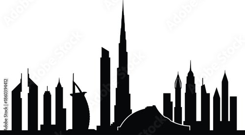 Dubai city skyline silhouette featuring iconic skyscrapers and modern architecture isolated on white background for travel tourism and urban design concepts