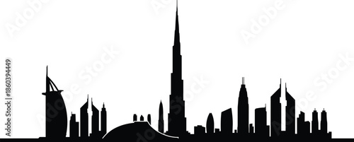Dubai city skyline silhouette featuring iconic skyscrapers modern architecture isolated on white background for travel tourism urban design conceptsDubai city skyline silhouette 