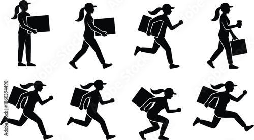 Female delivery courier silhouettes set showing running walking and carrying packages for logistics ecommerce shipping and express service concepts