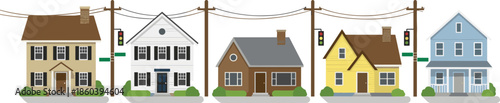 Suburban neighborhood houses illustration with colorful residential homes power lines and street elements representing community living real estate and urban planning