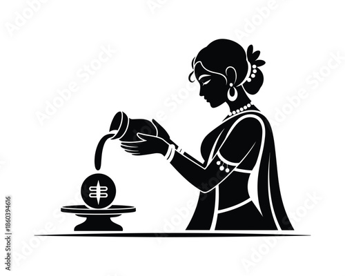 Woman pouring water over sacred indian symbol