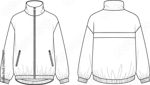 Technical line art vector illustration of a zip up tracksuit jacket with front and back views for sportswear fashion design