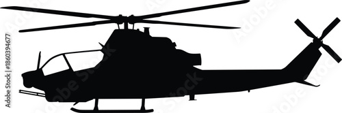 Military attack helicopter silhouette isolated on white background showing modern combat gunship profile for aviation defense and armed forces concepts