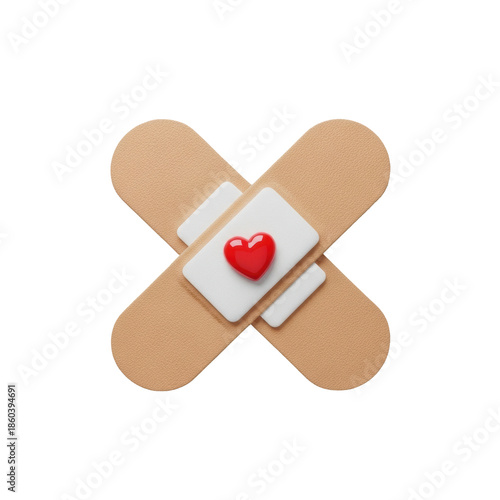 ultra-realistic 3d rendered matte beige adhesive plasters crossed in 'x' shape, red heart icons on pads, high-key studio lighting, isolated on transparent. concept of care and healing