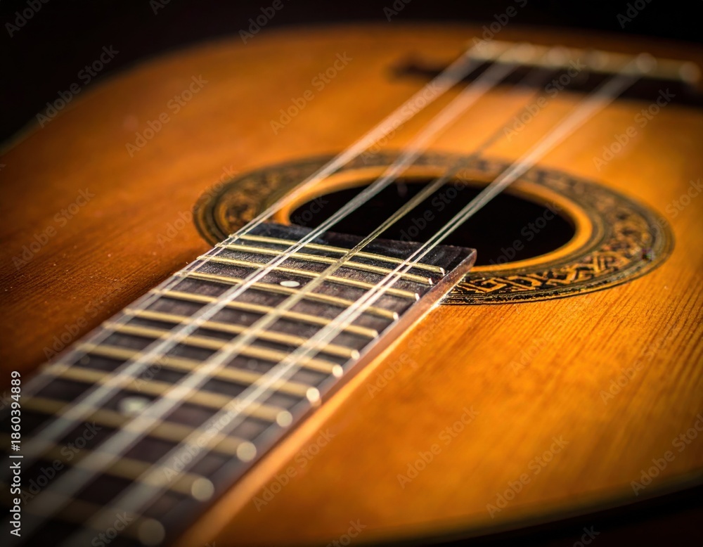 Fototapeta premium Close Up Of A Vintage Acoustic Guitar With Six Strings And Detailed Fretboard In Warm Golden Lighting