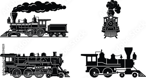 Vintage steam locomotive silhouettes set showing classic railway trains with smoke isolated on white background for transportation history design use