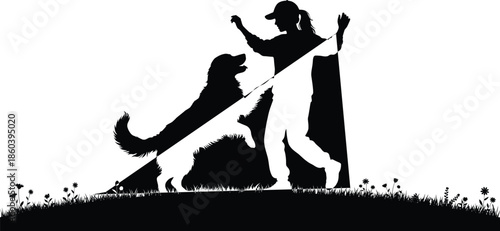 Silhouette of a woman training and playing with her large dog in a flower meadow for pet care and friendship