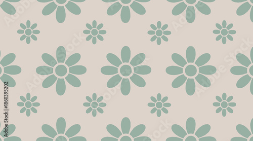 Seamless pattern with cute simple daisy flowers in green and cream colors