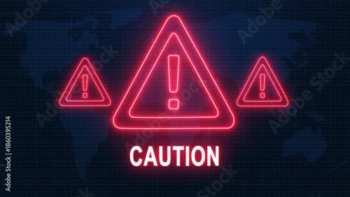 Caution alert warning. Cybersecurity defense and secure digital systems protection against cyberattacks. urgent threat notification concept with glowing red hazard icon.