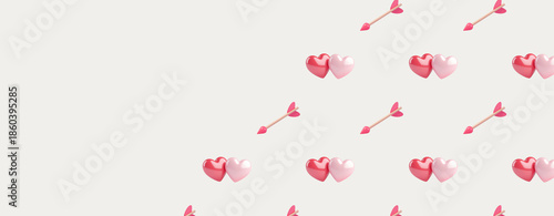Valentine's Day celebration concept or romantic theme such as arrow and two hearts on a grey background. 3d rendering. 3d rendering. Banner or header. Copy space