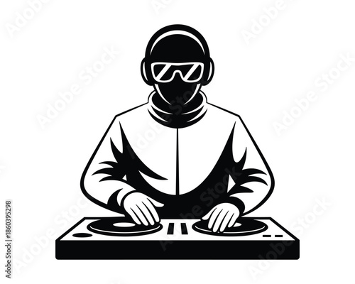 Black and white illustration of a dj wearing protective gear