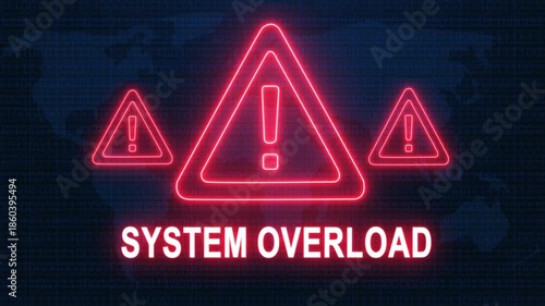 System overload alert warning. Cybersecurity defense and secure digital systems protection against cyberattacks. urgent threat notification concept with glowing red hazard icon.