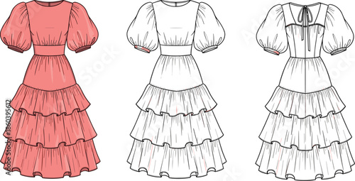 Women tiered ruffle dress technical flat sketch, puff sleeves, front and back views, vector fashion illustration design