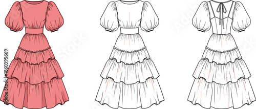 Women tiered ruffle dress technical flat sketch, puff sleeves, lace up back, front and back views, vector design
