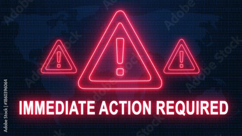 Immediate action required alert warning. Cybersecurity defense and secure digital systems protection against cyberattacks. urgent threat notification concept with glowing red hazard icon.