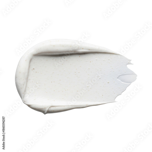 ultra-detailed macro flat lay of a single thick white grainy cosmetic scrub swatch with sharp contours on a seamless matte gray background, professional studio lighting. Concept for skincare