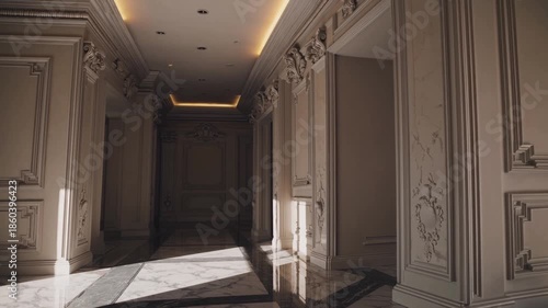 Cinematic Static Shot of Luxury Apartment Hallway with Warm Ambient Lighting