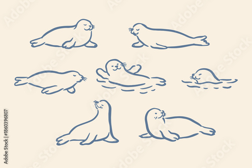 Seals pose set minimal doodle vector illustration