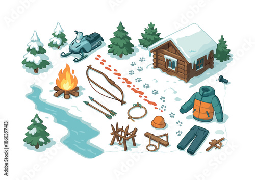 Winter adventure flat icon set. featuring snowmobile, cabin, campfire, bow and arrow, trap, hat, and jacket