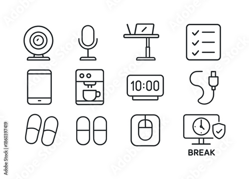 Home office linear icon set. featuring webcam, microphone, desk, checklist, phone, coffee, clock, cable, pills, mouse, break