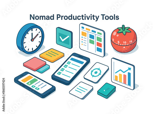 Productivity tools flat icon set. featuring clock, checklist, calendar, timer, smartphone, diagram, and cogwheel