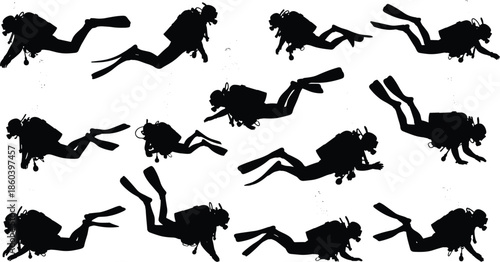 Collection of professional scuba diver silhouettes in various swimming poses with oxygen tanks and flippers for underwater marine exploration designs