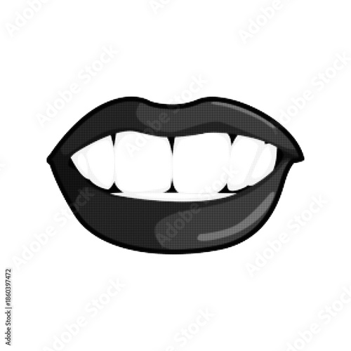 Open mouth with lips and teeth in halftone style. Black and white pop art illustration of smile. Retro graphic concept for beauty, fashion, communication or expression isolated on white background.