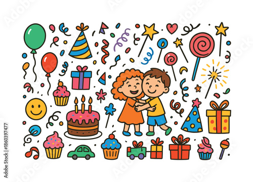 Birthday celebration flat icon set. featuring balloons, gifts, cake, hats, confetti, and party poppers.