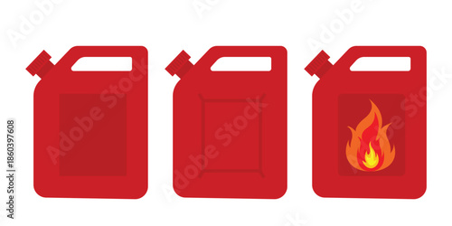 Red Plastic Jerrycan Set, Fuel Canister Vector Collection, Gasoline Storage Tank with Flammable Fire Icon, Automotive Petrol Container Illustration on White Background