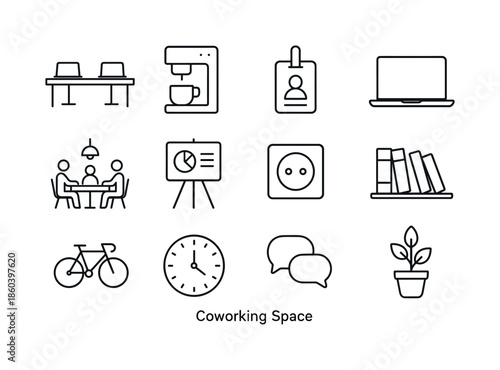 Coworking space linear icons set. featuring desk, coffee machine, id badge, laptop, meeting, and more