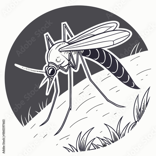 A detailed illustration depicts a mosquito with visible anatomy resting on blades of grass within a circular frame