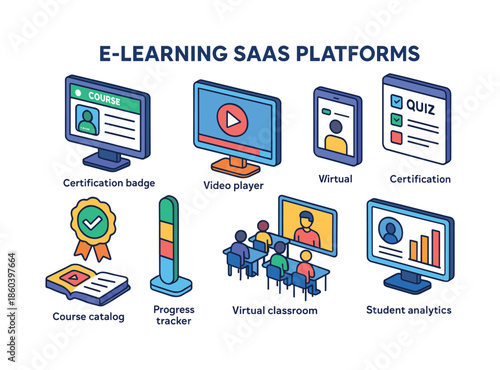 Online learning flat icon set. featuring certification badge, video player, profile, quiz, catalog, progress, classroom, analytics