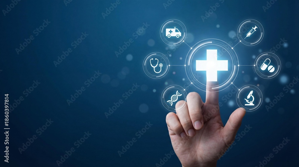 Fototapeta premium Hand touching virtual medical interface with glowing cross and health icons, smart healthcare and digital technology concept on blue background.