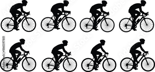 Collection of professional cyclist silhouettes in various racing poses on road bikes for sports fitness competition and outdoor activity branding