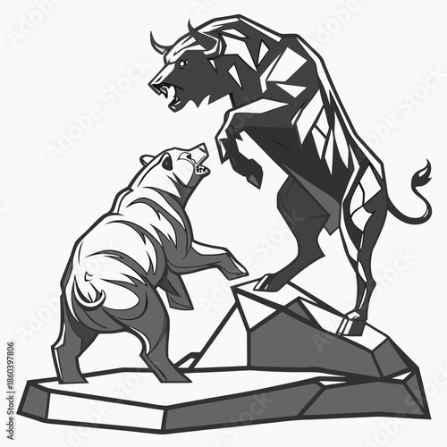 A dramatic illustration depicts a fierce confrontation between a charging bull and a defensive bear symbolizing market volatility and struggle