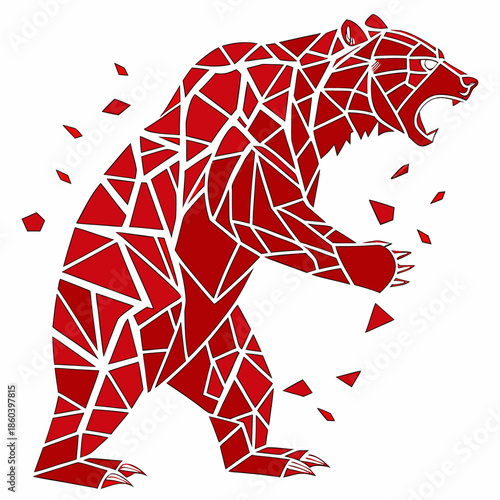 A striking geometric illustration depicts a powerful grizzly bear in a dynamic pose seemingly roaring with intensity