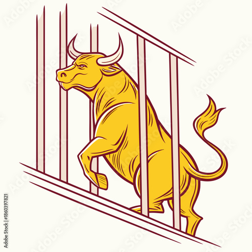 A powerful golden bull rearing up against a metal cage displaying its strength and constrained freedom