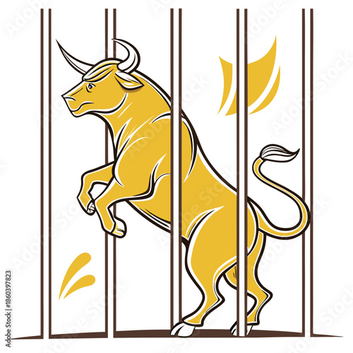 A powerful golden bull stands poised within the confines of a stark vertical barred enclosure suggesting restriction